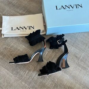 Lanvin Suede Ruffle Block Heel Sandals